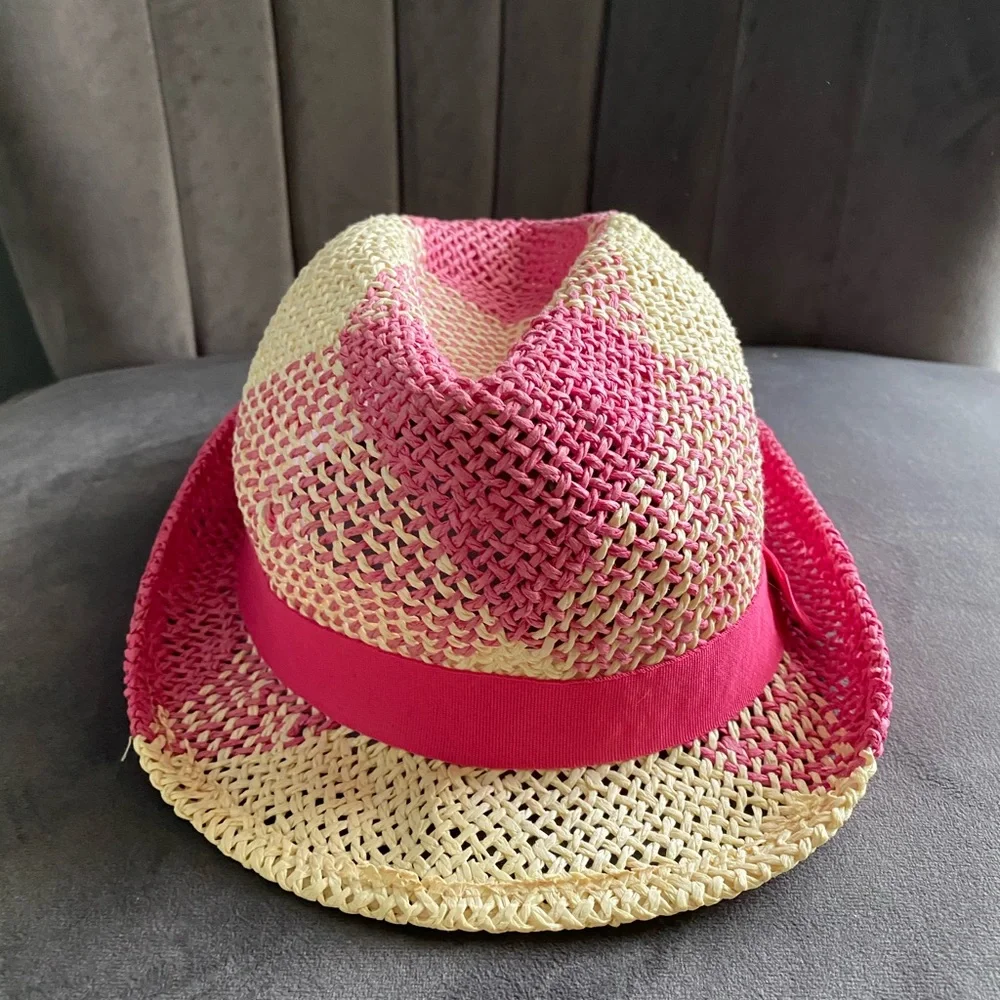 Nicole Marciano tan and pink straw fedora hat